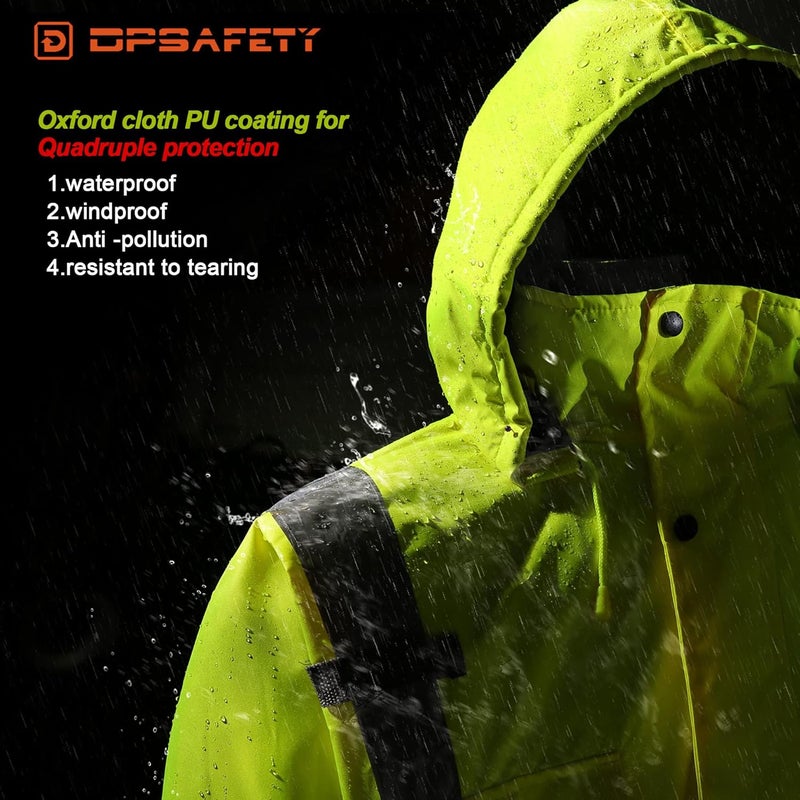 DPSAFETY Reflective Jacket, High Visibility Parka, Waterproof Hi Vis, Safety Jacket with Removable Hood and Zipper, ANSI Class 3 (Lime,Medium) - Image 2